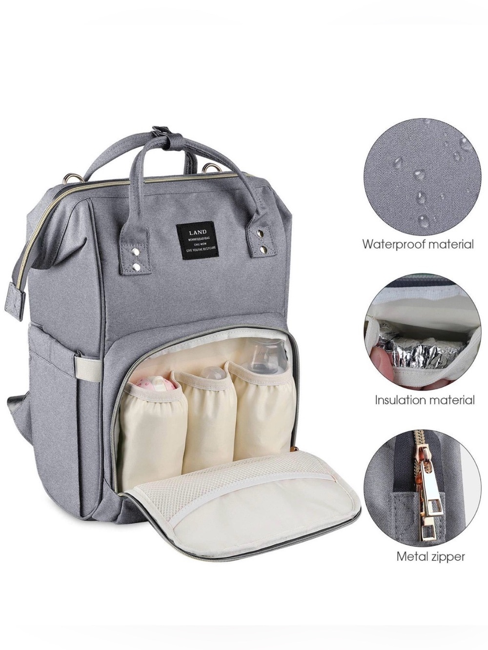 LAND Gray Convertible Women’s Baby Bag with  Insulated Pockets